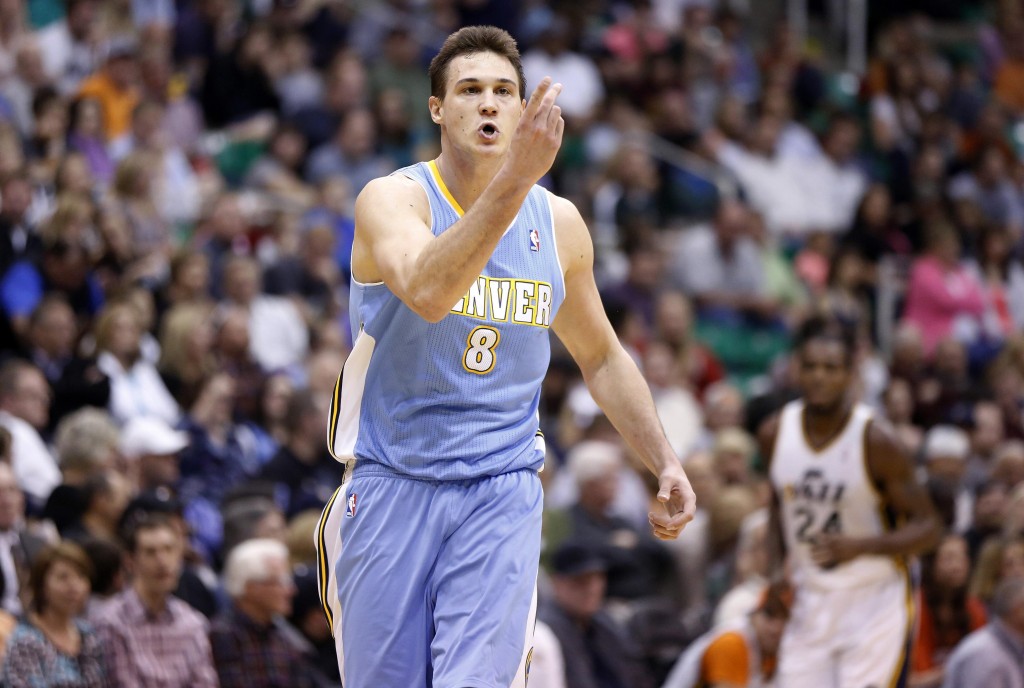 Denver Nuggets forward Gallinari reacts after making a shot during the second half of their NBA basketball game against the Utah Jazz in Salt Lake City