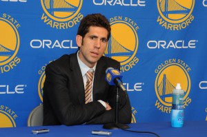 OAKLAND, CA - APRIL 26: Bob Myers, the new general manager of the Golden State Warriors, speaks to members of the media before a game against the San Antonio Spurs on April 26, 2012 at Oracle Arena in Oakland, California. NOTE TO USER: User expressly acknowledges and agrees that, by downloading and or using this photograph, user is consenting to the terms and conditions of Getty Images License Agreement. Mandatory Copyright Notice: Copyright 2012 NBAE (Photo by Garrett Ellwood/NBAE via Getty Images)