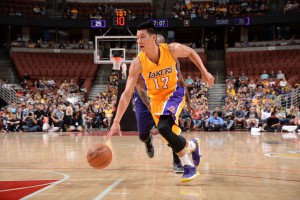 ANAHEIM, CA - OCTOBER 21: Jeremy Lin #17 of the Los Angeles Lakers handles the basketball during a game against the Phoenix Suns on October 21, 2014 at the Honda Center in Anaheim, California. NOTE TO USER:  User expressly acknowledges and agrees that, by downloading and or using this Photograph, user is consenting to the terms and conditions of the Getty Images License Agreement.  Mandatory Copyright Notice:  Copyright 2014 NBAE (Photo by Andrew D. Bernstein/NBAE via Getty Images)