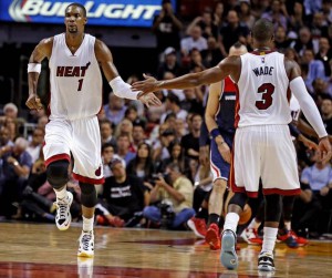 Le stelle dei Miami Heat, in una delle poche partite in cui hanno giocato insieme l'anno scorso.