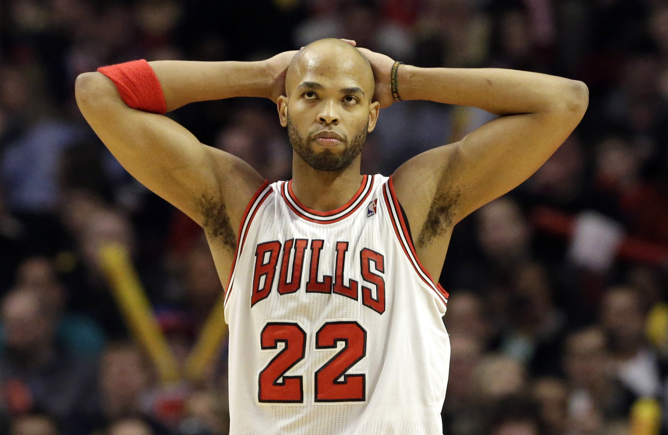Chicago Bulls forward Taj Gibson reacts as he looks at a score board after missing a basket during the first half of an NBA basketball game against the Indiana Pacers in Chicago on Saturday, March 23, 2013. (AP Photo/Nam Y. Huh)