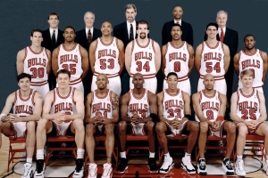 CHICAGO - 1996: The 1995-96 NBA Chicago Bulls pose for a team portrait in Chicago, IL. Front row (left to right): Toni Kukoc, Luc Longley, Dennis Rodman, Michael Jordan, Scottie Pippen, Ron Harper, Steve Kerr. Second row: Jud Buechler, Jason Caffey, James Edwards, Bill Wennington, Dickey Simpkins, Jack Haley, Randy Brown. Back Row: John Paxson, Jimmy Rodgers, Head coach Phil Jackson, Jim Cleamons, and Tex Winter. NOTE TO USER: User expressly acknowledges  and agrees that, by downloading and or using this  photograph, User is consenting to the terms and conditions of the Getty Images License Agreement. Mandatory copyright notice: Copyright NBAE 1996 (Photo by NBA Photo Library/ NBAE/ Getty Images)