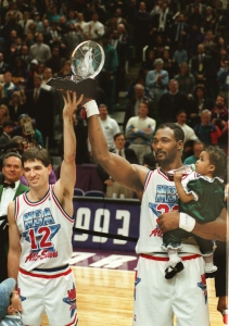 John Stockton and Karl Malone celebrate co-mvp in the Feb. 1993 NBA All-Star game. photo by Tom Smart