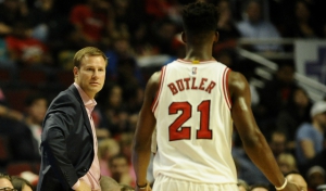 Oct 12, 2015; Chicago, IL, USA; Chicago Bulls head coach Fred Hoiberg looks toward Chicago Bulls guard Jimmy Butler (21) during their pre-season game against the New Orleans Pelicans at the United Center. Mandatory Credit: Matt Marton-USA TODAY Sports