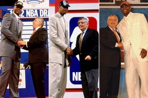 Tre grandi 'first pick' con l'ex commissioner David Stern; da sinistra Shaquille O'Neal (1992), Tim Ducan (1997) e LeBron James (2003)