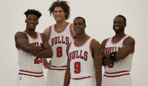 I nuovi Bulls. Da sinistra: Jimmy Butler, Robin Lopez, Rajon Rondo e Dwyane Wade