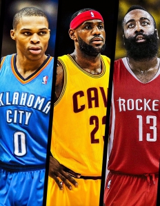 I tre principali candidati MVP. Da sinistra: Russell Westbrook, LeBron James e James Harden