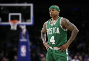 Apr 8, 2015; Auburn Hills, MI, USA; Boston Celtics guard Isaiah Thomas (4) looks on during the third quarter against the Detroit Pistons at The Palace of Auburn Hills. Celtics beat the Pistons 113-103. Mandatory Credit: Raj Mehta-USA TODAY Sports