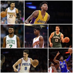 Alcuni tra i migliori rookie del 2016/17. Da sinistra in alto: Jamal Murray, Brandon Ingram, Jaylen Brown, Marquese Chriss, Malcolm Brogdon (Rookie Of The Year), Dario Saric, Joel Embiid