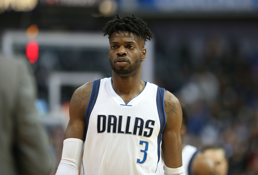 Mar 5, 2017; Dallas, TX, USA; Dallas Mavericks forward center Nerlens Noel (3) heads to the bench during a timeout against the Oklahoma City Thunder at American Airlines Center. Mandatory Credit: Matthew Emmons-USA TODAY Sports