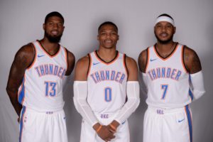 I nuovi 'Big Three' dei Thunder: Paul George (#13), Russell Westbrook (#0) e Carmelo Anthony (#7)