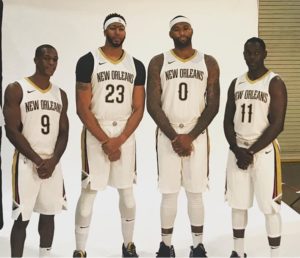 I quattro assi dei Pelicans per la prossima stagione. Da sinistra: Rajon Rondo, Anthony Davis, DeMarcus Cousins e Jrue Holiday