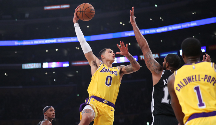 Kyle Kuzma, Los Angeles Lakers reacts against vs San Antonio Spurs at Staples Center
