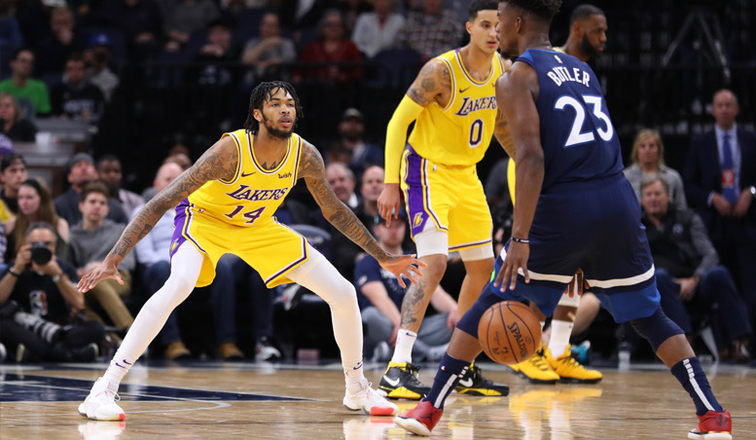 Brandon Ingram and Jimmy Butler, Los Angeles Lakers vs Minnesota Timberwolves at Target Center