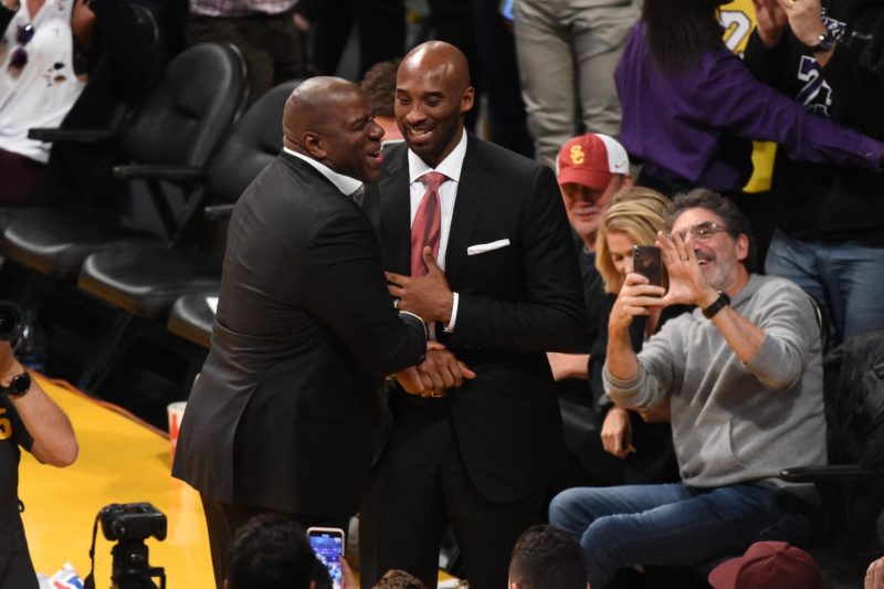 Magic Johnson and Kobe Bryant, Los Angeles Lakers vs Denver Nuggets at Staples Center
