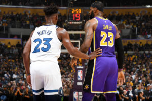Jimmy Butler and LeBron James, Los Angeles Lakers vs Minnesota Timberwolves at Staples Center