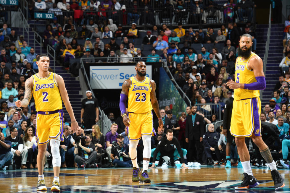 Lonzo Ball, Lebron James and Tyson Chandler. Los Angeles Lakers vs Charlotte Hornets at Spectrum Center