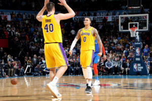Ivica Zubac and Kyle Kuzma, Los Angeles Lakers vs Oklahoma City Thunder at Chesapeake Energy Arena