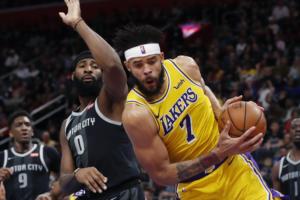 JaVale McGee and Andre Drummond, Los Angeles Lakers vs Detroit Pistons at Little Caesars Arena