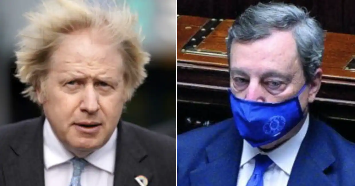 Boris Johnson (qui in versione Super Sayan) e Mario Draghi, tra i promotori della più efficace reazione politica nella storia recente