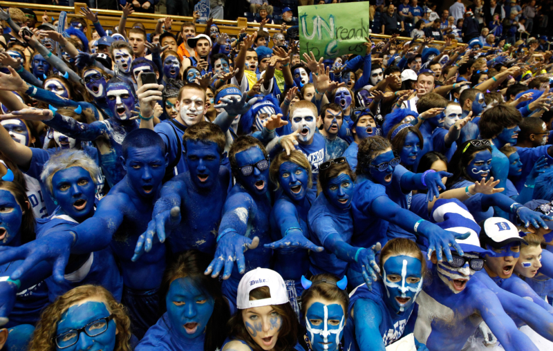 DURHAM, NC - MARCH 03: Cameron Crazies cheer on before the start of the game between the Duke Blue Devils and North Carolina Tar Heels at Cameron Indoor Stadium on March 3, 2012 in Durham, North Carolina. (Photo by Streeter Lecka/Getty Images)
