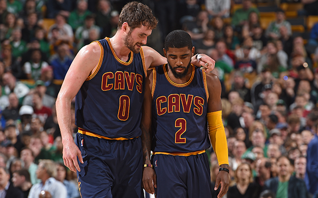 BOSTON, MA - APRIL 26: Kevin Love #0 and Kyrie Irving #2 of the Cleveland Cavaliers talk in the game against the Boston Celtics during Game Four of the Eastern Conference Quarterfinals during the 2015 NBA Playoffs on April 26, 2015 at TD Garden in Boston, Massachusetts. NOTE TO USER: User expressly acknowledges and agrees that, by downloading and/or using this Photograph, user is consenting to the terms and conditions of the Getty Images License Agreement. Mandatory Copyright Notice: Copyright 2015 NBAE (Photo by Brian Babineau/NBAE via Getty Images)