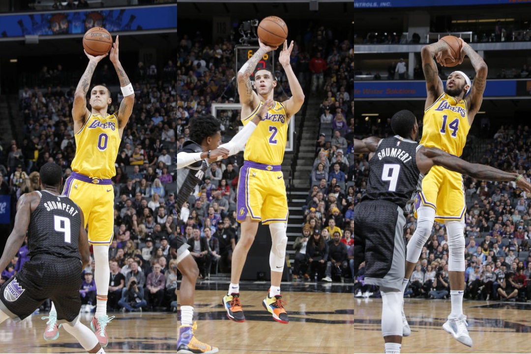 Kyle Kuzma, Lonzo Ball and Brandon Ingram, Los Angeles Lakers vs Sacramento Kings at Golden 1 Center (Rocky Widner, NBAE via Getty Images)