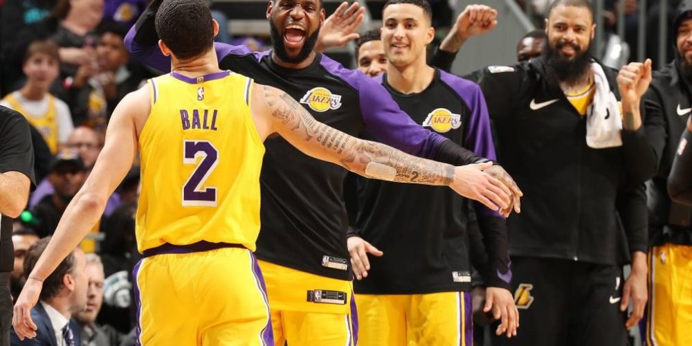 Lonzo Ball and Lebron James, Los Angeles Lakers vs Charlotte Hornets at Spectrum Center