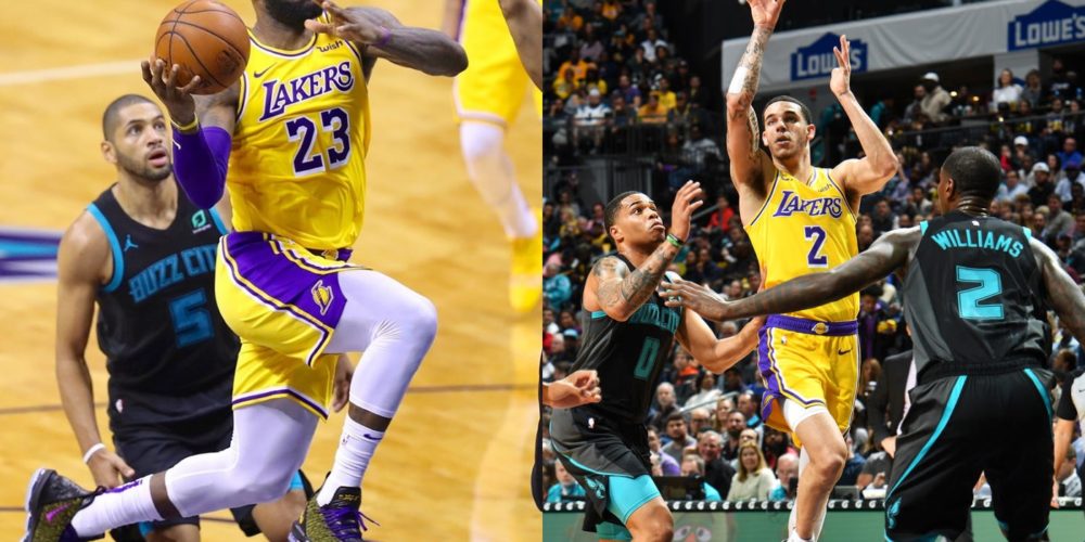 Lonzo Ball and Lebron James, Los Angeles Lakers vs Charlotte Hornets at Spectrum Center