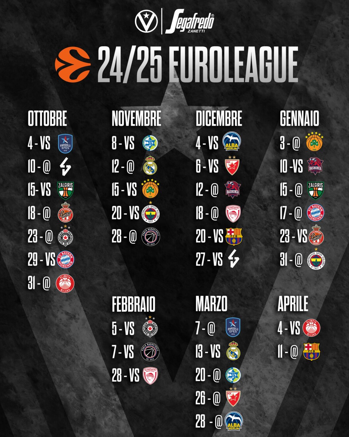 Il calendario di EuroLeague 2024/2025 della Virtus Bologna
